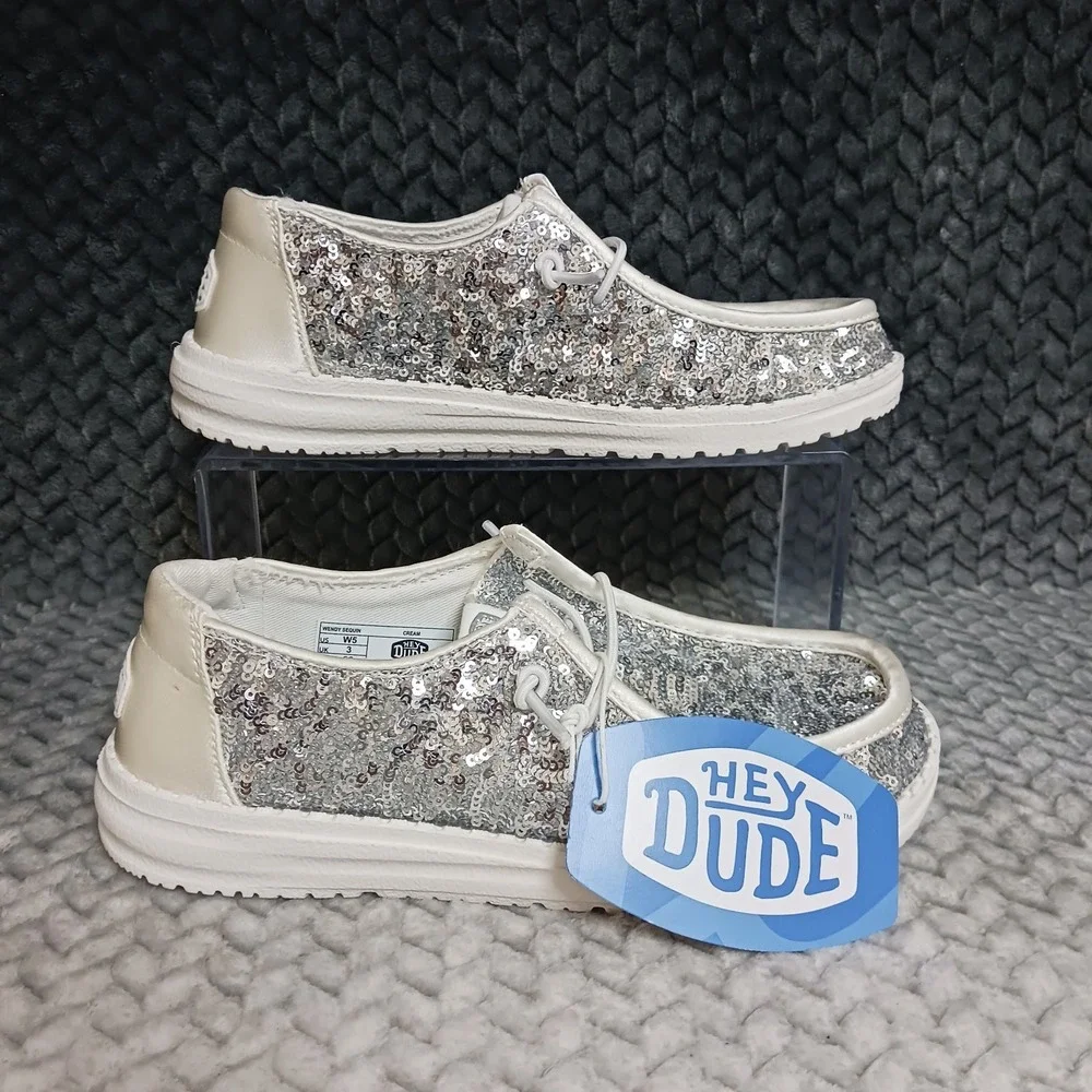 Hey Dude Wendy Sequin Cream Silver Women's Slip-On Comfort Sneakers Shoes Size 5